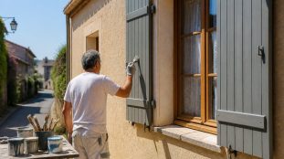 Application d’une peinture bois sur volets extérieurs