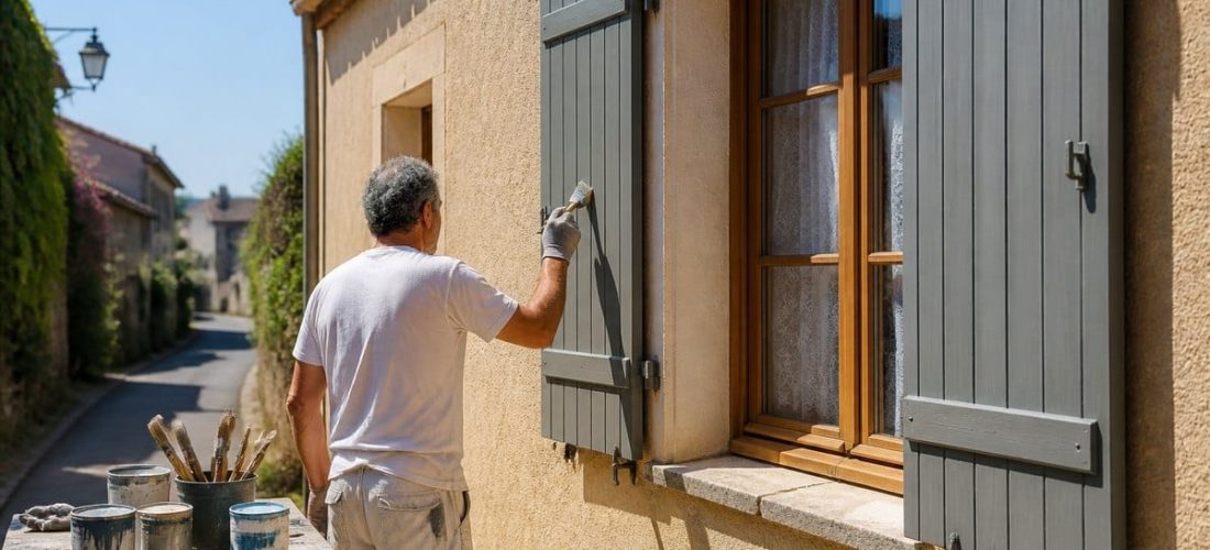 Application d’une peinture bois sur volets extérieurs
