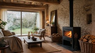 Poêle à bois allumé dans un salon français rénové