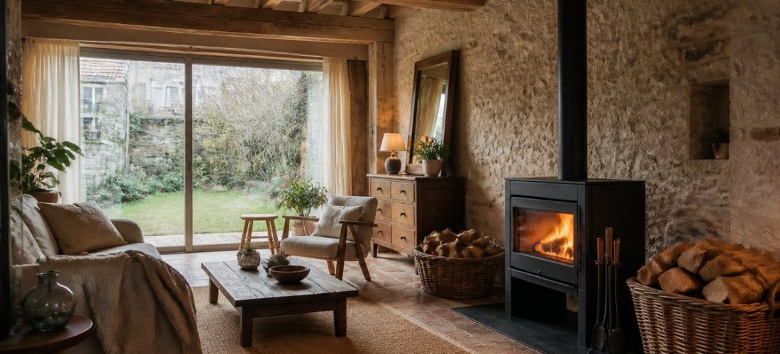 Poêle à bois allumé dans un salon français rénové